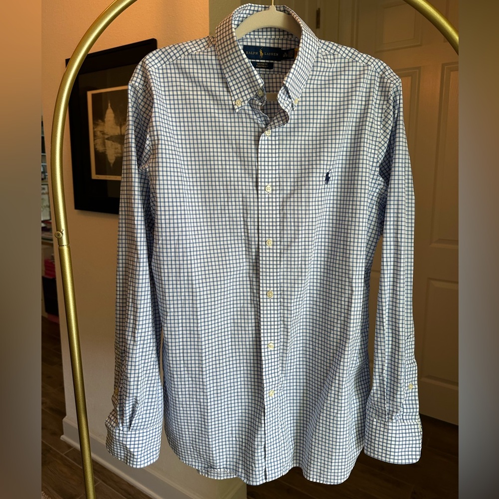 Ralph Lauren Men's White and Blue Plaid Shirt
